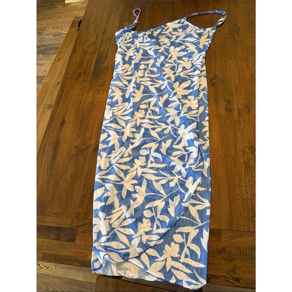 Swim Cover Up Wrap Dress Blue and White Mesh Fabric with Abstract Print